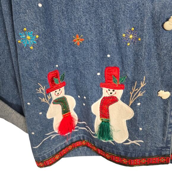 New Directions Blue Denim  Jacket Shirt Snowman Shacket Christmas Embroidery L - Picture 5 of 14